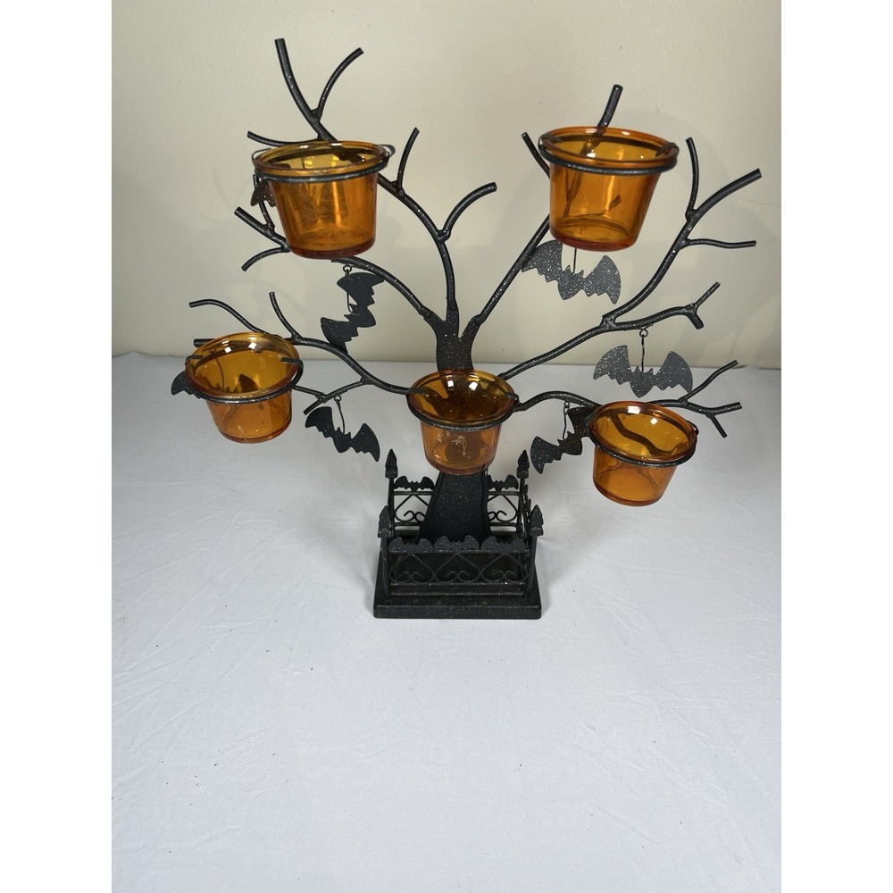 Halloween Spooky Tree Votive Candle Holder Black Metal Gothic Glass Bats Web 14"